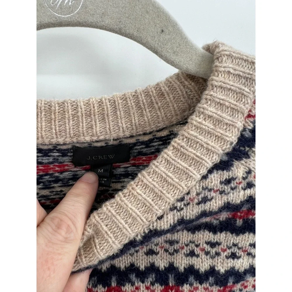 J.Crew Fair Isle Lambswool Sweater Men's M Tan Navy Red Nordic Crewneck